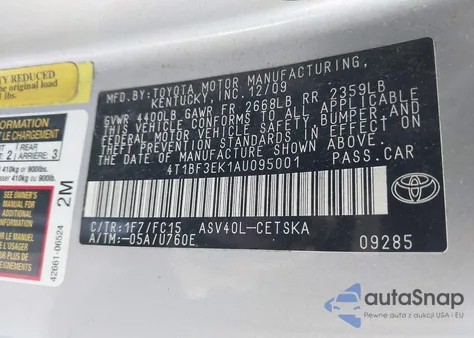 2010 Toyota Camry Se from USA, damaged, VIN 4T1BF3EK1AU095001
